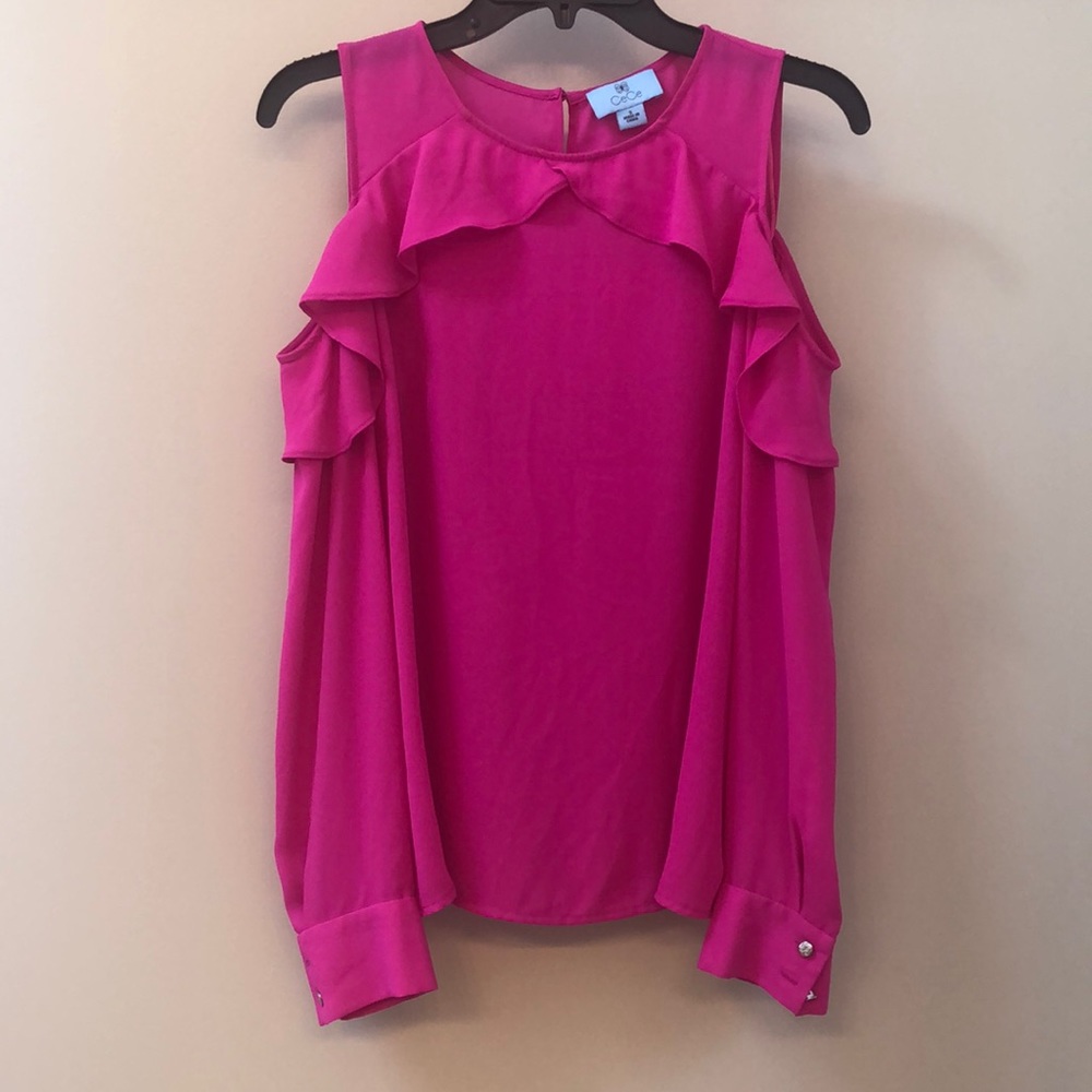 CeCe hot pink ruffle cold shoulder blouse